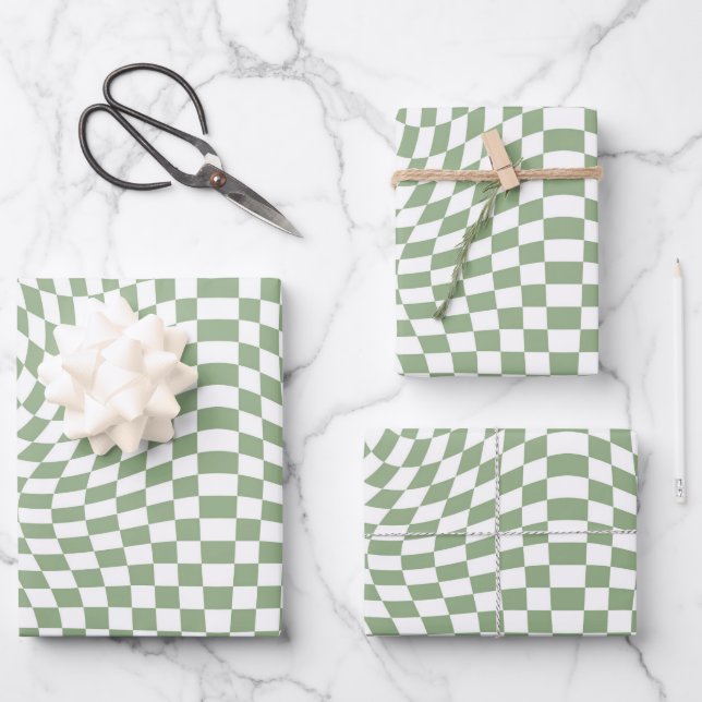 Retro Warped Sage Green White Checks Checkered  Wrapping Paper Sheets (Front)