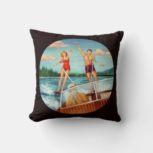 Retro Water Skiing Throw Pillow