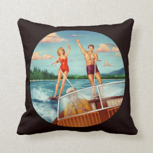 Retro Water Skiing Throw Pillow