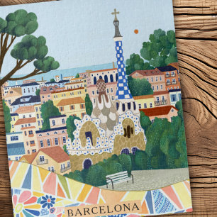 Retro Watercolor Barcelona Spain Travel  Jigsaw Puzzle