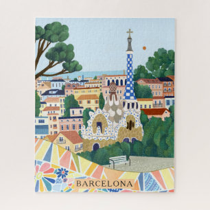 Retro Watercolor Barcelona Spain Travel Jigsaw Puzzle