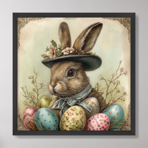 Retro watercolor Baroque Easter Rabbit earthy eggs Framed Art
