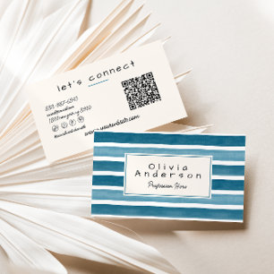 Retro Watercolor Blue Teal Stripes QR Code Unique Business Card
