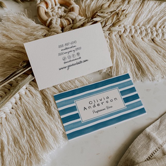 Retro Watercolor Blue Teal Stripes Trendy Unique Business Card (Creator Uploaded)