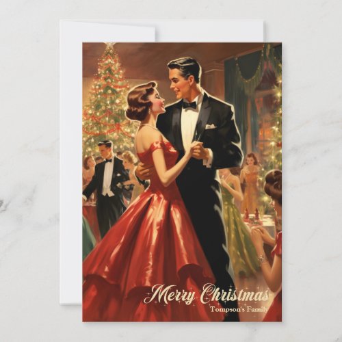 Retro watercolor Christmas family dancing Holiday Card