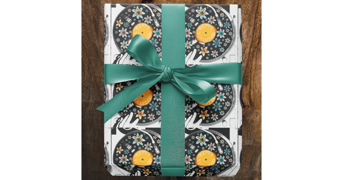 Retro Watercolor Floral Birthday Vinyl Record Wrapping Paper | Zazzle
