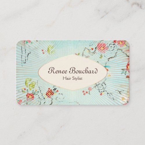 Retro Watercolor Floral Blue Gold Business Card