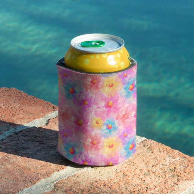 Retro Watercolor Floral Pattern Can Cooler (In Situ Pool)