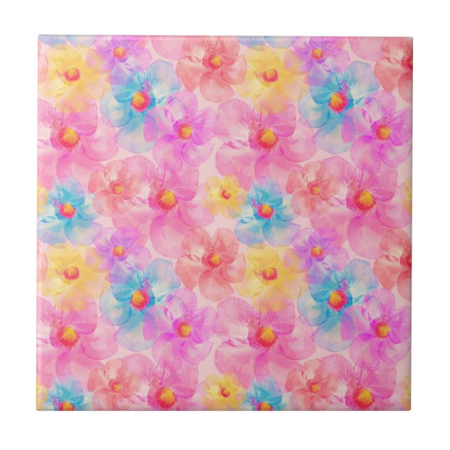 Retro Watercolor Floral Pattern Ceramic Tile (Front)