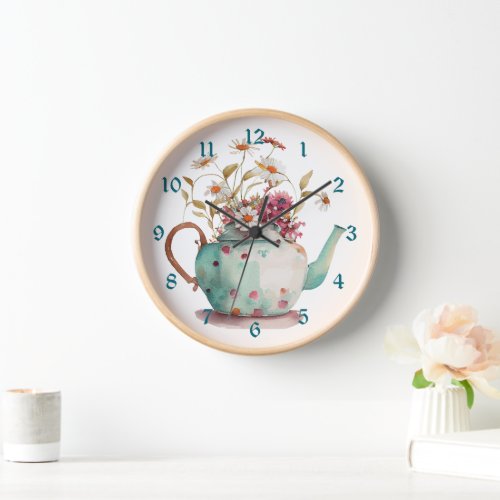 Retro Watercolor Floral Teapot Clock