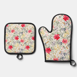 Retro Watercolor florals Oven Mitt & Pot Holder Set