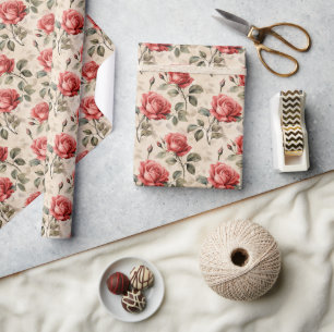 Retro watercolor French red roses and hand writing Wrapping Paper