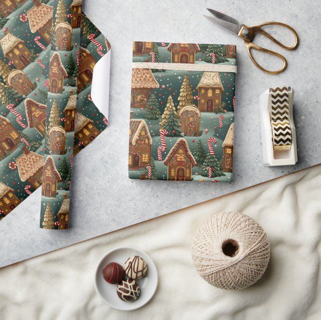 Retro Watercolor gingerbread Christmas houses Wrapping Paper (Crafts)