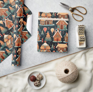 Retro Watercolor gingerbread Christmas houses Wrapping Paper