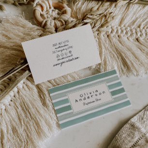 Retro Watercolor Green Stripes Trendy Neutral Boho Business Card
