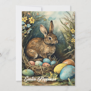 Retro watercolor illustration Easter rabbit Holiday Card