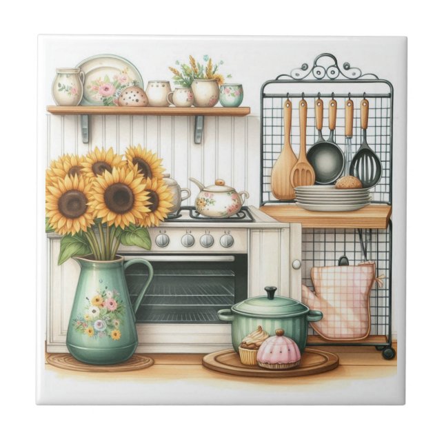 Retro Watercolor Kitchen  Ceramic Tile (Front)