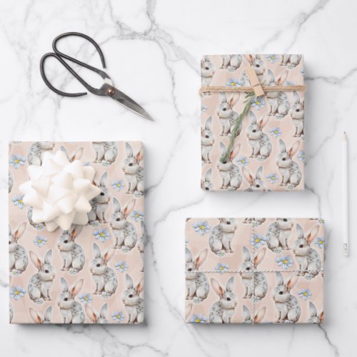 Retro watercolor neutral earthy colors rabbits egg wrapping paper sheets