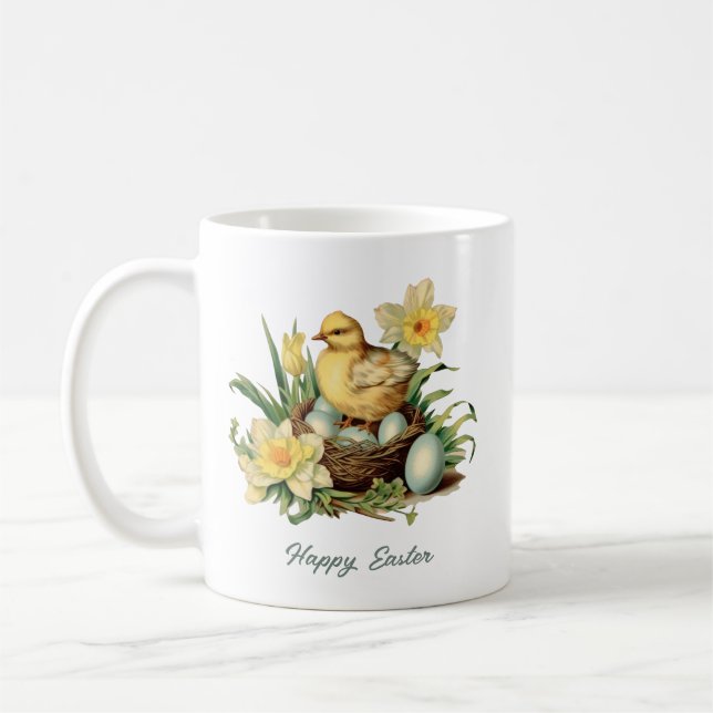 Retro watercolor neutral easter eggs chicken coffee mug (Left)
