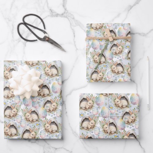 Retro watercolor pastel blue sage green rabbit wrapping paper sheets