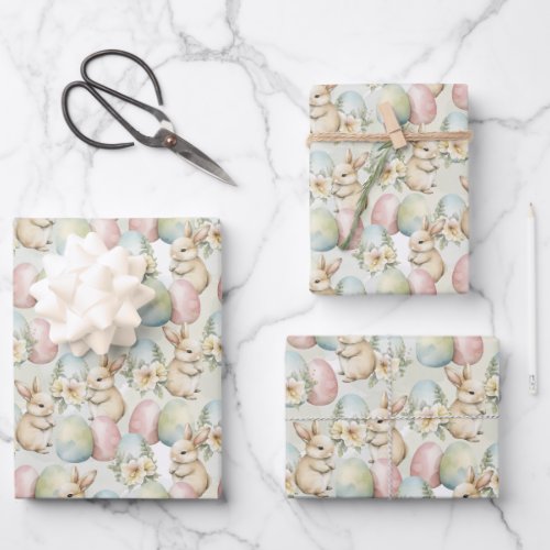 Retro watercolor pastel blue sage green rabbit wrapping paper sheets
