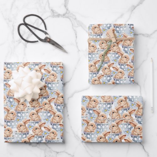 Retro watercolor pastel blue tan hues rabbit wrapping paper sheets