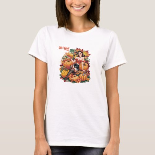 Retro watercolor pin up hot girl fall pumpkin  T_Shirt