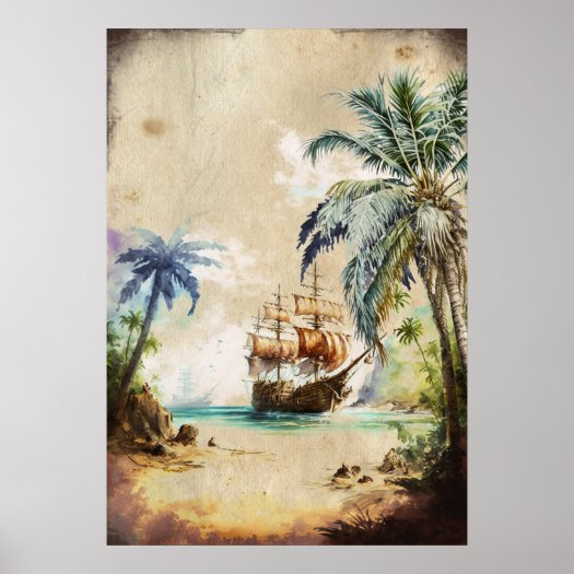 Retro Watercolor Pirate Ship Palm Trees Old Paper