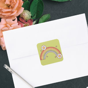 Retro Watercolor Rainbow Boho Floral Square Sticker