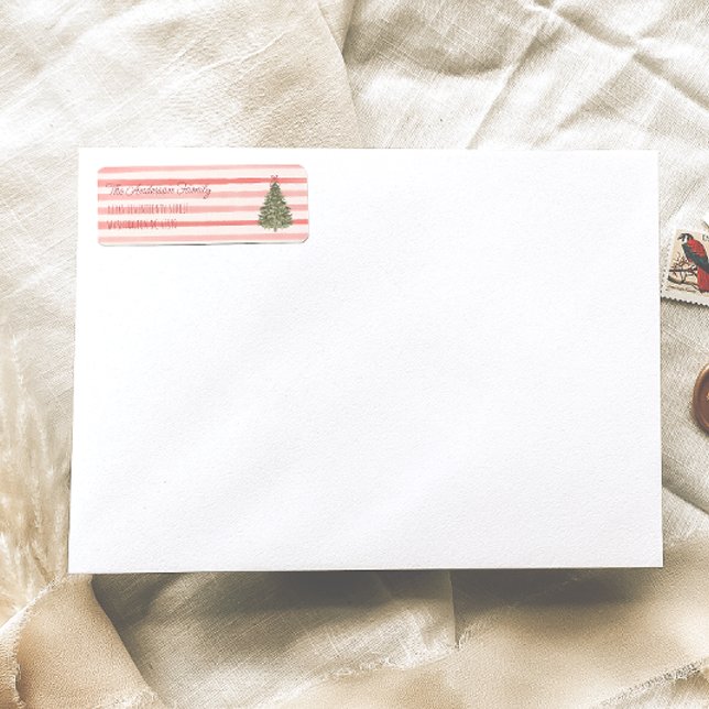 Retro Watercolor Red Stripes Christmas Tree  Label (Creator Uploaded)