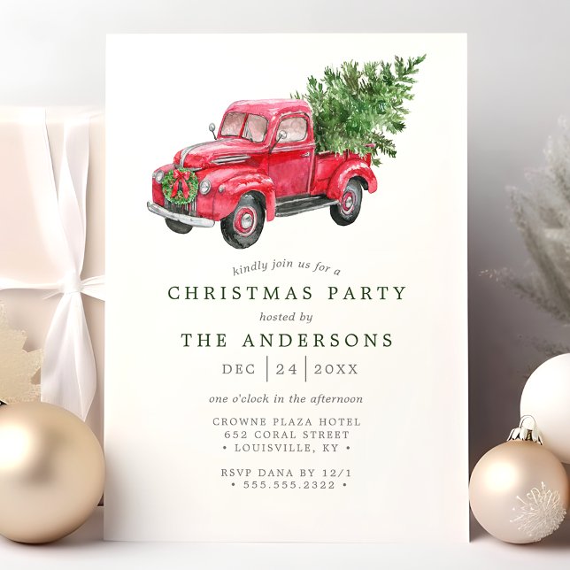 Retro Watercolor Red Truck Christmas Party Invitation (Creator Uploaded)