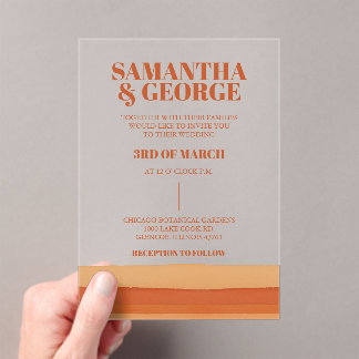 Retro Watercolor Stripes Terracotta Orange Wedding Acrylic Invitations
