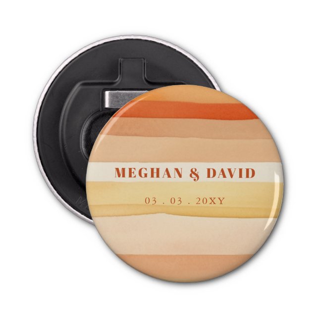 Retro Watercolor Stripes Terracotta Orange Wedding Bottle Opener (Front)