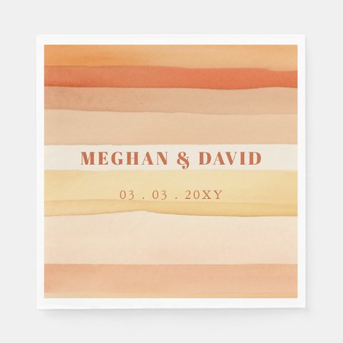 Retro Watercolor Stripes Terracotta Orange Wedding Napkins