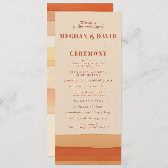 Retro Watercolor Stripes Terracotta Orange Wedding Program (Front/Back)