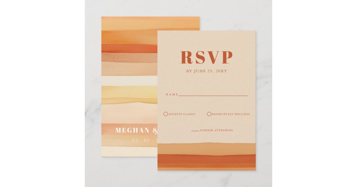 Retro Watercolor Stripes Terracotta Orange Wedding RSVP Card | Zazzle