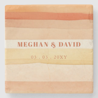 Retro Watercolor Stripes Terracotta Orange Wedding Stone Coaster