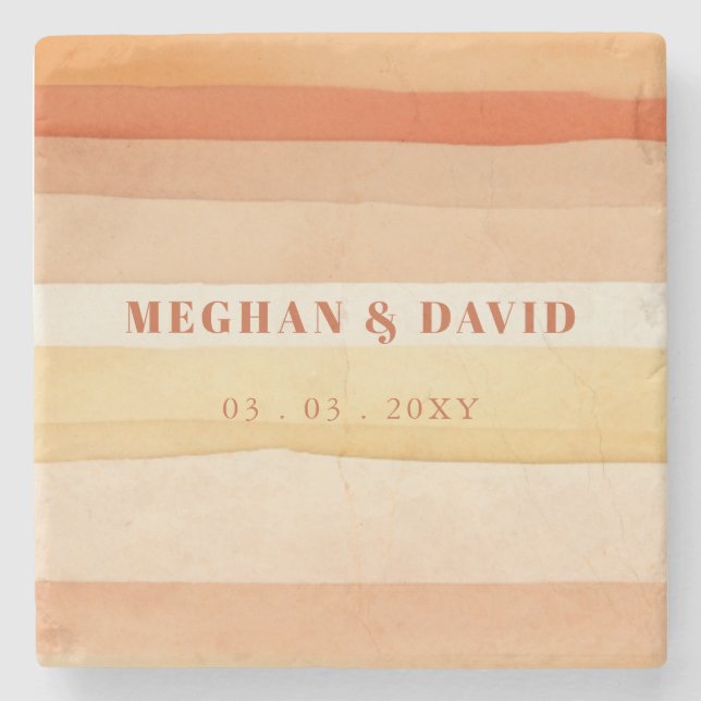 Retro Watercolor Stripes Terracotta Orange Wedding Stone Coaster (Front)
