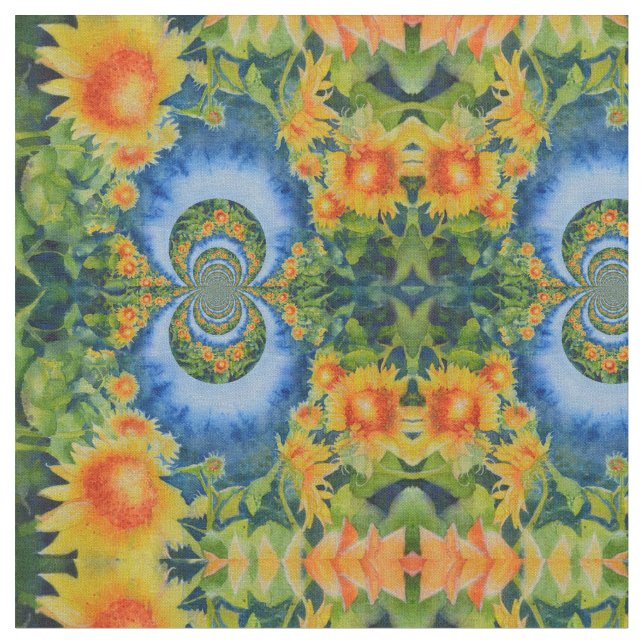 Retro Watercolor Sunflower fields Fabric (Close Up)