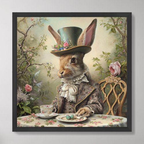 Retro watercolor Victorian Easter Rabbit with hat Framed Art