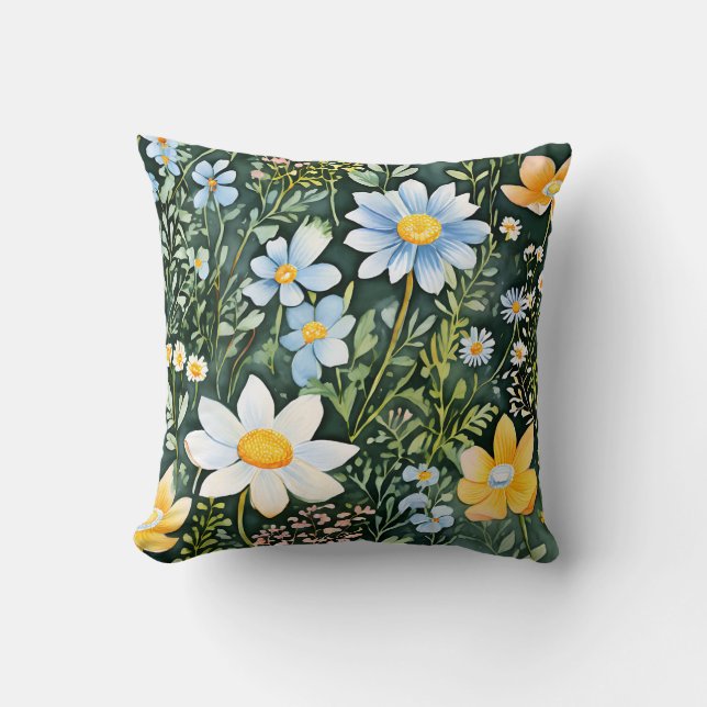 Retro Watercolor Wildflowers Seamless Pattern Throw Pillow (Front)