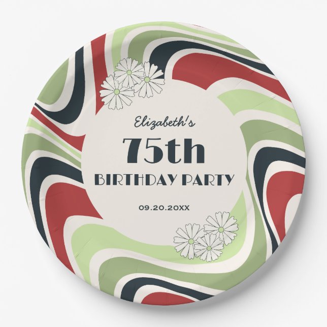 Retro Wave Artistic lower Green Red Black Birthday Paper Plates (Front)