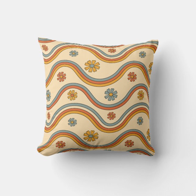 Retro Wave Blooms Throw Pillow (Front)