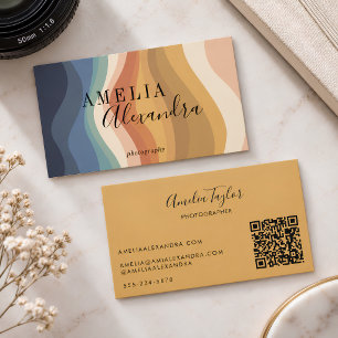 Retro Wave Boho Earth Tone Name QR Photographer Business Card