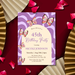 Retro Wave Butterfly Beige Purple Birthday Invitation