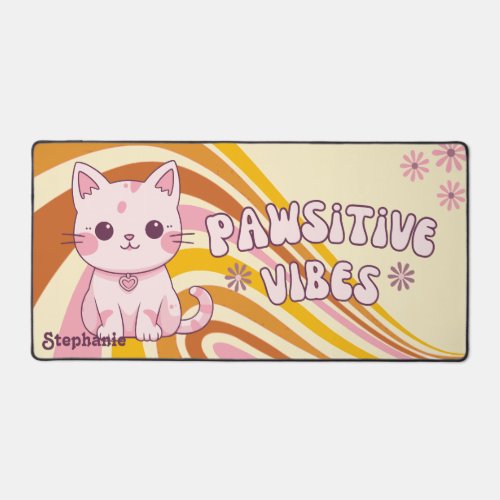 Retro Wave Cute Cat Pawsitive Vibes Script Name Desk Mat