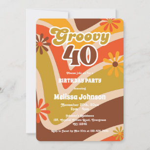 Retro Wave Daisies Groovy 40th Birthday Invitation