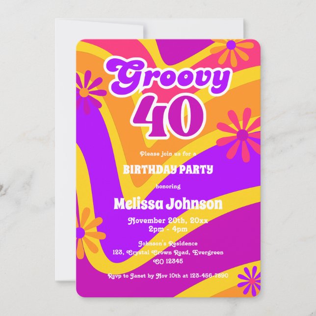 Retro Wave Daisies Groovy 40th Orange Birthday Invitation (Front)