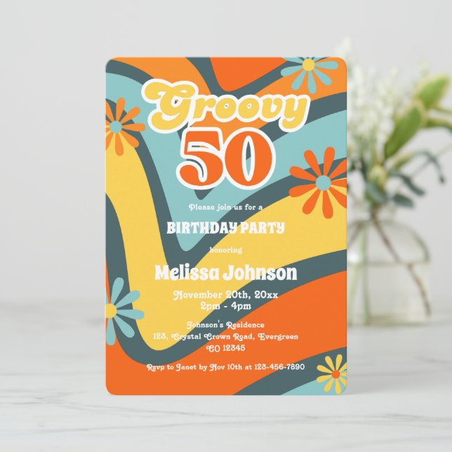 Retro Wave Daisies Groovy 50th Green Birthday Invitation (Standing Front)