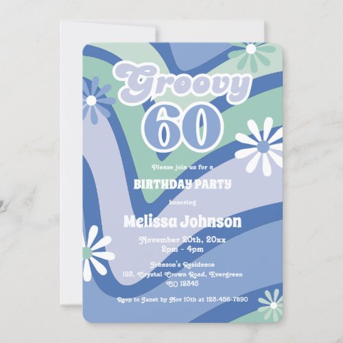 Retro Wave Daisies Groovy 60th Blue Birthday Invitation